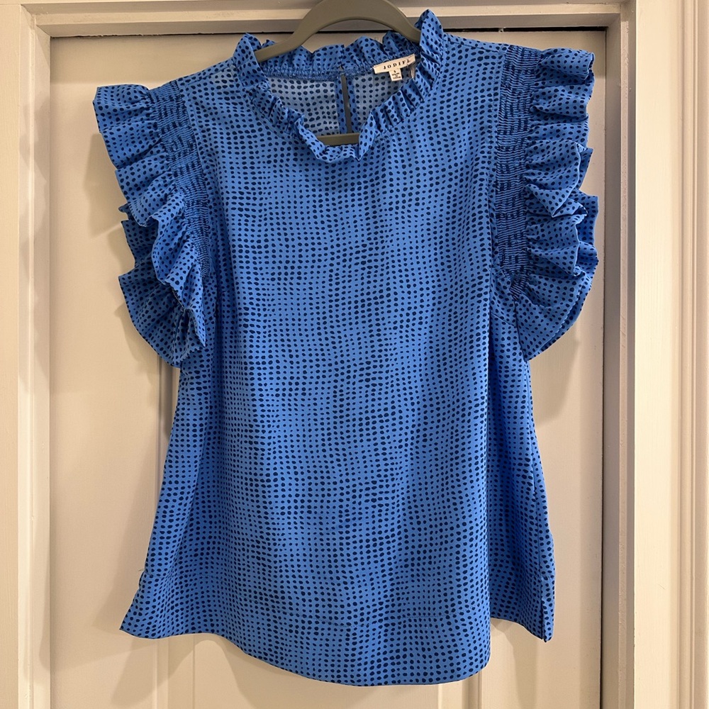 JODIFL Blue and Black Ruffle Neck Blouse
